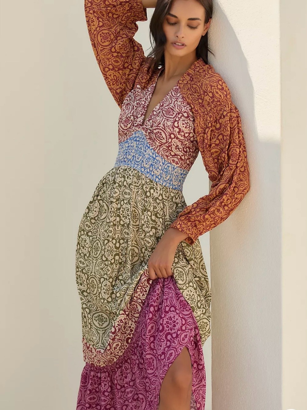 Mahila Long-Sleeve Tiered Maxi Dress Boho Patchwork in Rust, Olive & Pink